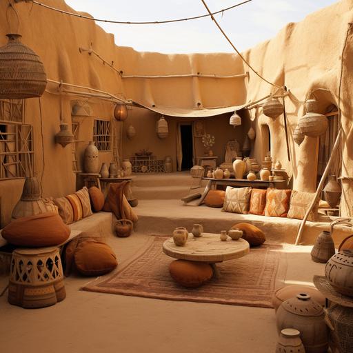 Desert Dwellings: Setting: A desert landscape with traditional Berber tents or kasbahs. Features: Mud-brick walls, flat terraces, and protective turrets. Props: Handwoven carpets, low tables, and open fire pits