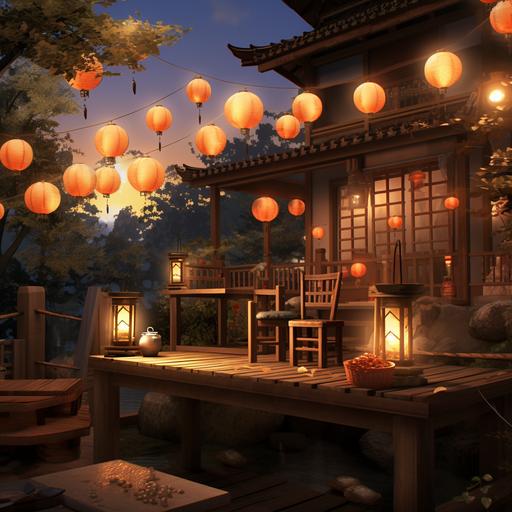 Nightfall Nostalgia: Setting: The ryokan at dusk, with lanterns and lights creating a warm glow. Subjects: Guests gathering for evening meals or relaxing in communal areas. Props: Paper lanterns, evening bells, and traditional games.