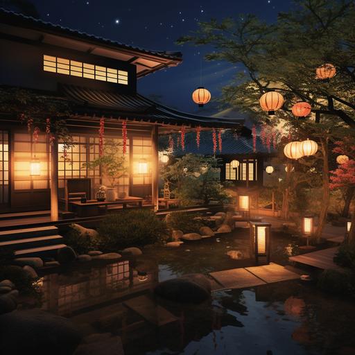 Nightfall Nostalgia: Setting: The ryokan at dusk, with lanterns and lights creating a warm glow. Subjects: Guests gathering for evening meals or relaxing in communal areas. Props: Paper lanterns, evening bells, and traditional games.