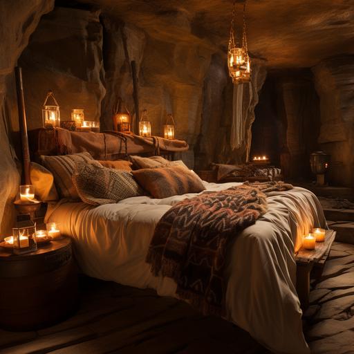 Subterranean Slumber: Setting: A cave bedroom with a cozy ambiance. Features: A raised stone bed platform, niches with candles or lanterns, and natural ventilation openings. Props: Plush bedding, handwoven textiles, and a vintage bedside table.