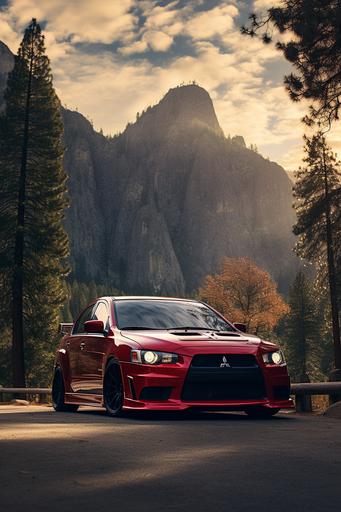 mitsubishi evo 5 Marlboro edition in red, in In front of el capitan, yoesemity national park, light cloud in the Valley, late in the day. green evergeen trees. Towering mountains. --aspect 8:12