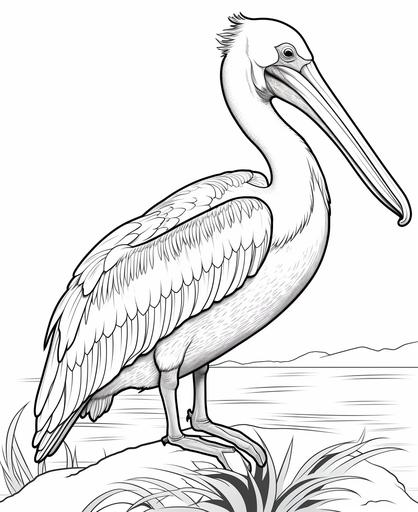 coloring page for kids, pelican, cartoon style, thick line, low detailm no shading --ar 9:11