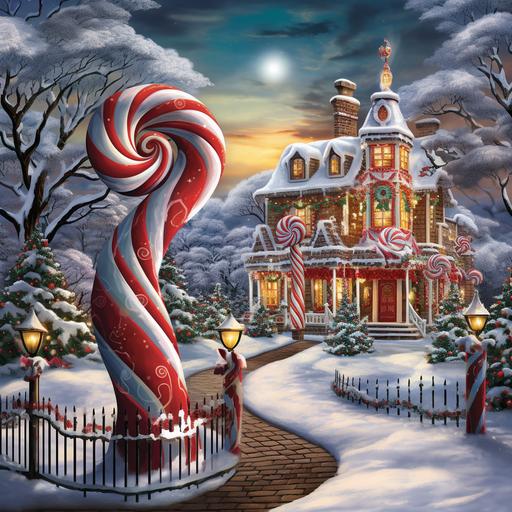 Imagine a whimsical and surreal winter wonderland where candy canes come to life, adorned with vibrant Christmas lights that dance in the frosty air. Envision a scene where the landscape is made of peppermint swirls and snowflakes, and the trees are giant, luminescent candy canes. Picture the sky filled with shimmering hues of red, green, and white lights, creating a magical atmosphere. Describe the fantastical creatures that inhabit this candy cane Christmas world, and how they interact with the enchanting lights. Let your imagination run wild as you craft a vivid and dreamlike setting, blending the sweetness of candy canes with the festive glow of Christmas lights in this surreal holiday extravaganza.
