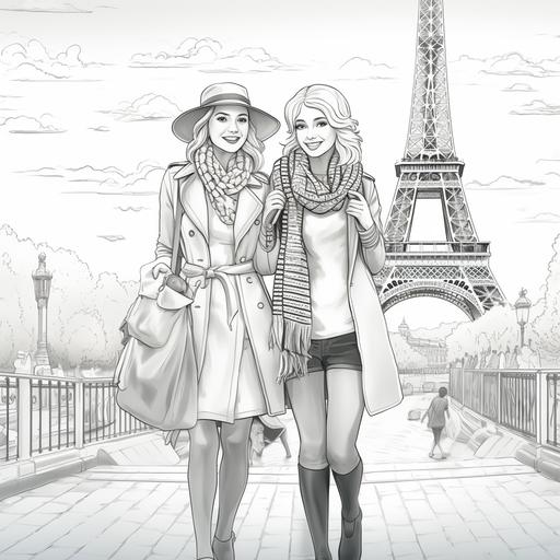 colouring book page, black lines, black and white only, no gray. female friends in paris at eiffel tower wearing barets