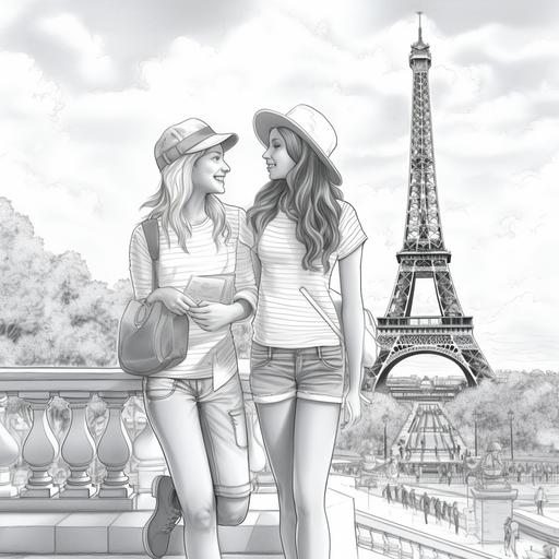 colouring book page, black lines, black and white only, no gray. female friends in paris at eiffel tower wearing barets