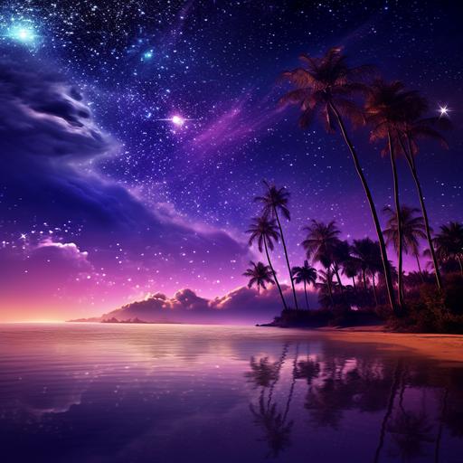 dark purple nebula over a beach landscape, at night, palm trees, posterized, detailed, purple, brown, --q 2 --v 5.2