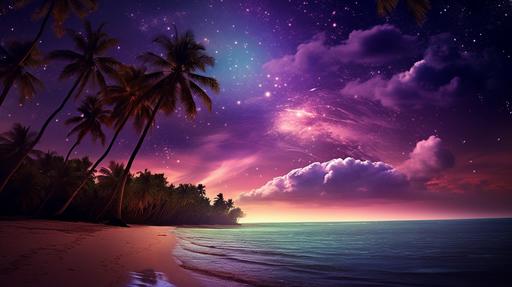 dark purple nebula over a beach landscape, at night, palm trees, posterized, detailed, purple, brown, --ar 16:9