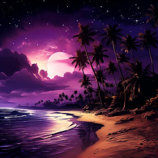 dark purple nebula over a beach landscape, at night, palm trees, posterized, detailed, purple, brown, --q 2 --v 5.2