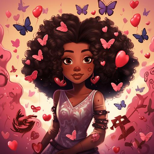 a brown skin betty boo character cover with butterflies and valentine hearts, cartoon animation style