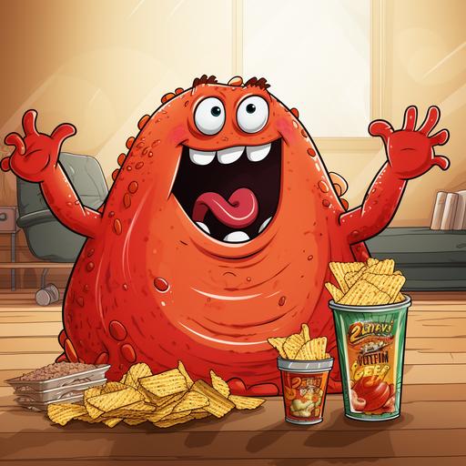 a red dinosauce with long arms eating potato chips, cartoon animation style
