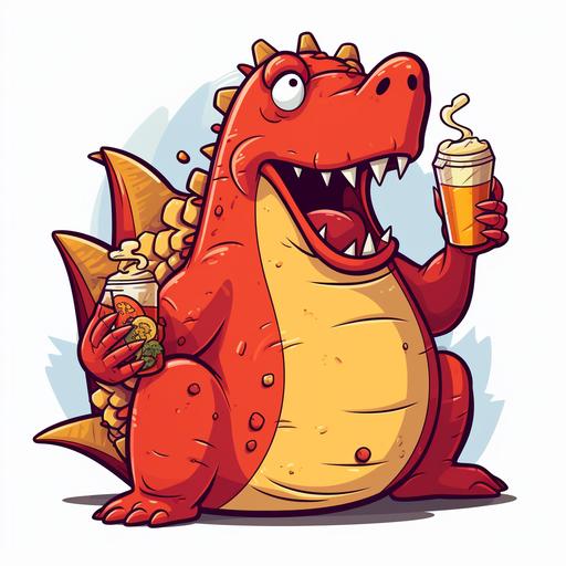 a red dinosauce with long arms eating potato chips, cartoon animation style