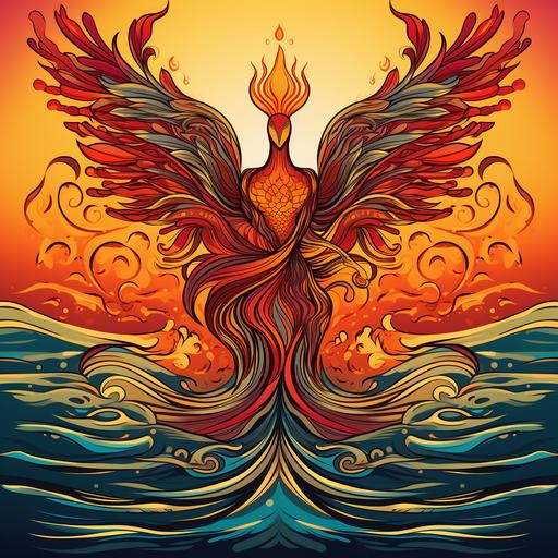 depiction of a eyptian goddess female phoenix emerging gracefully from the serene waters breathes forth intense flames, symbolizing rebirth and renewal. Coloring book cartoon style