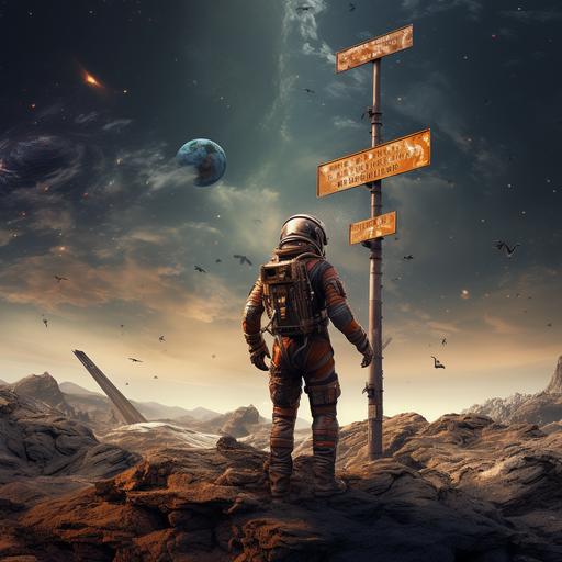 An astronaut is lost on an alien planet, looking at a direction signpost with arrows and strange symbols under a star-filled sky. The signpost points in various directions. The scene shows the astronaut in a high-tech suit, surrounded by the vastness of space.