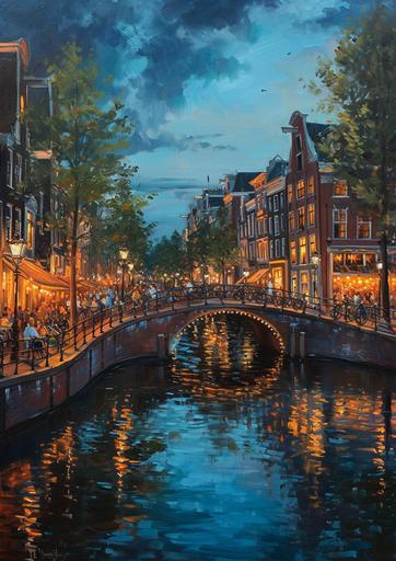 An oil painting of the canals of Amsterdam at night, capturing the enchanting ambiance of the city during a warm summer evening. Visualize the iconic canals and bridges, illuminated by soft lights, casting a serene glow over the water. Depict the charming Amsterdam streets alive with the night's vibrancy: cozy cafes with outdoor seating, visitors strolling along the canal banks, and the gentle shimmer of lights from the city's historic architecture. Include the lush greenery of Vondelpark, with people enjoying a late evening under the stars. Emphasize the romantic and magical atmosphere of Amsterdam at night, using oil painting techniques to create rich textures and fluid brushstrokes that reflect the city's timeless beauty and allure. --ar 100:141 --v 6.0