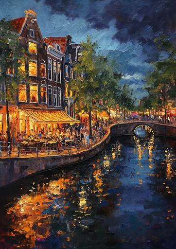 An oil painting of the canals of Amsterdam at night, capturing the enchanting ambiance of the city during a warm summer evening. Visualize the iconic canals and bridges, illuminated by soft lights, casting a serene glow over the water. Depict the charming Amsterdam streets alive with the night's vibrancy: cozy cafes with outdoor seating, visitors strolling along the canal banks, and the gentle shimmer of lights from the city's historic architecture. Include the lush greenery of Vondelpark, with people enjoying a late evening under the stars. Emphasize the romantic and magical atmosphere of Amsterdam at night, using oil painting techniques to create rich textures and fluid brushstrokes that reflect the city's timeless beauty and allure. --ar 100:141 --v 6.0