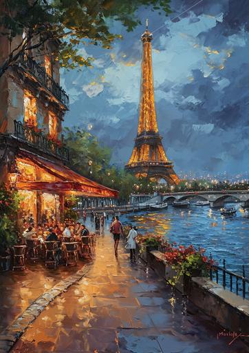 an oil painting of the Eiffel Tower in Paris at night, capturing the magical ambiance of the surrounding streets during a warm summer evening. Visualize the iconic structure brilliantly lit, casting a golden glow over the Seine River. Portray the nearby charming Parisian streets alive with the evening's vibrancy: quaint cafes with outdoor seating, visitors strolling along the riverbank, and the soft twinkling of lights from the city's classic architecture. Include the lush greenery of the Champ de Mars, with people enjoying a late picnic under the stars. Emphasize the romantic and enchanting atmosphere of Paris at night, using oil painting techniques to create rich textures and fluid brushstrokes that reflect the city's timeless elegance and allure. --aspect 100:141 --v 6.0