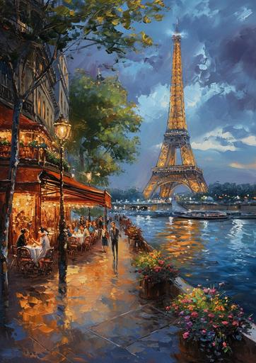 an oil painting of the Eiffel Tower in Paris at night, capturing the magical ambiance of the surrounding streets during a warm summer evening. Visualize the iconic structure brilliantly lit, casting a golden glow over the Seine River. Portray the nearby charming Parisian streets alive with the evening's vibrancy: quaint cafes with outdoor seating, visitors strolling along the riverbank, and the soft twinkling of lights from the city's classic architecture. Include the lush greenery of the Champ de Mars, with people enjoying a late picnic under the stars. Emphasize the romantic and enchanting atmosphere of Paris at night, using oil painting techniques to create rich textures and fluid brushstrokes that reflect the city's timeless elegance and allure. --aspect 100:141 --v 6.0