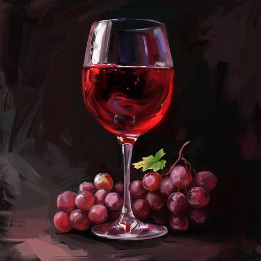 create a glass of red wine with some grapes and a black painting style background, digital art --v 6.0