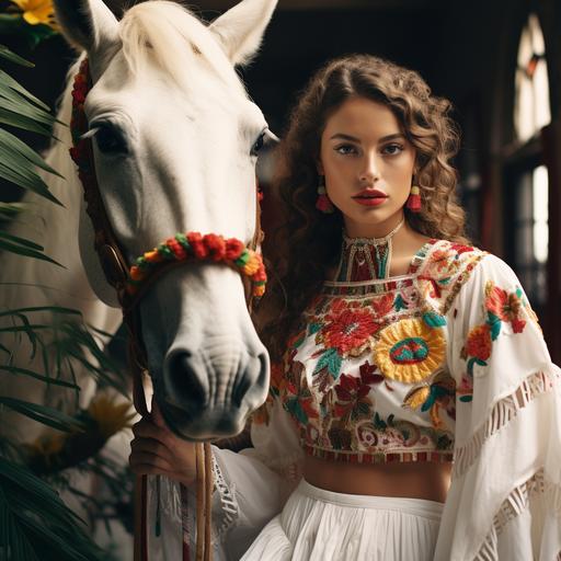 woman in mexican attire with horse in mexican party