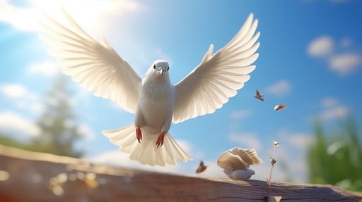 A flying white dove and an ant between the talons of the dove. 3d character cartoon, realistic sculptures, journalistic cartoons realistic photo vivid colors, cartoon craft, 8k ultra HD, --ar 16:9