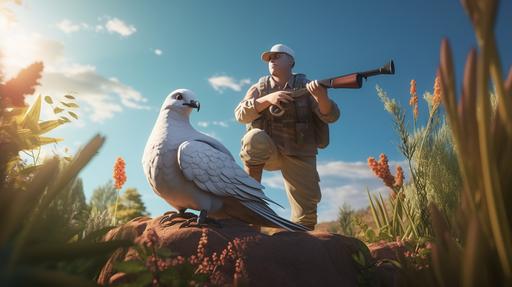 Hunter's Arrival: Introduce the hunter into the scene, showcasing the threat to the peaceful Dove. 3d cartoon character, realistic sculptures, journalistic cartoons realistic photo vivid colors, cartoon craft, 8k ultra HD, --ar 16:9