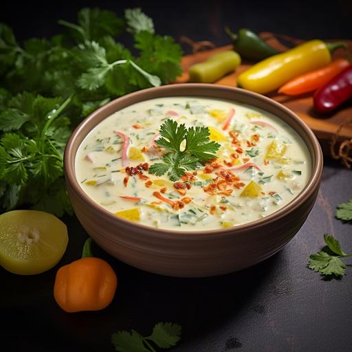 Veg raita is a refreshing indian side dish made with yogurt, mixed with finely chopped vegetables like cucumber, tomatoes, and onions, and seasoned with spices such as cumin and mint. in yellow bg Ar 2.0