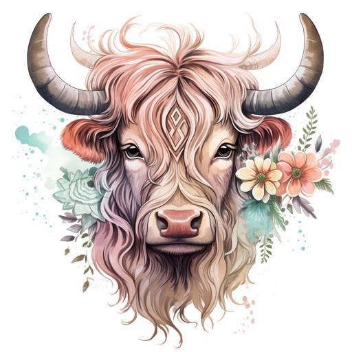 clipart spooky halloween western highland cow, watercolor style, muted pastel colors, ornate and detailed, enchanting lighting, on white background