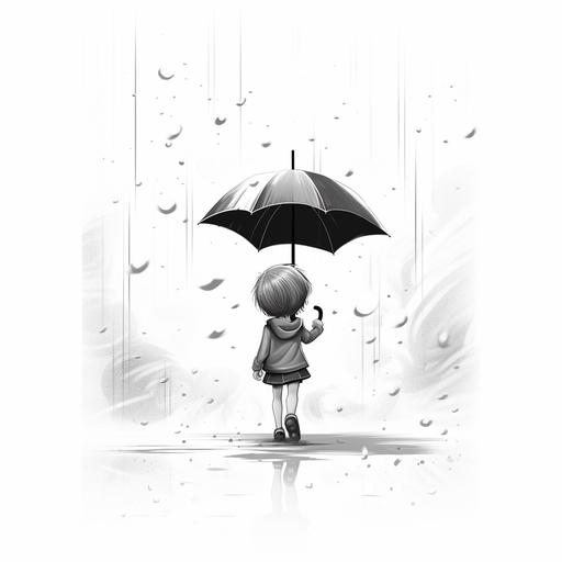 a child walking with an open umbrella in rain cartoon black and white tyoe