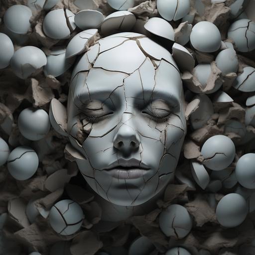 Compose a prompt that defies conventional expectations. Imagine a woman whose face emerges, morphing, and disintegrating into numerous egg-shaped facets. The cracks within each piece emit a cacophony of sound and energy, while her scream reverberates through the space, riveting both the ghostly specter before her and the listeners beyond.