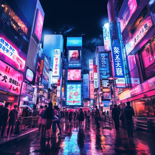 Create an image of a bustling urban street at dusk, capturing the essence of Tokyo's Shibuya crossing blended with the neon-lit backstreets of Hong Kong. The sky transitions from twilight blue to night black. Neon pink lights from street signs, store fronts, and animated billboards reflect off wet pavement, creating a dreamlike, cyberpunk atmosphere. Include people in various streetwear, some with neon pink accent