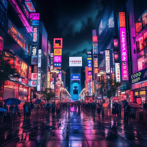 Create an image of a bustling urban street at dusk, capturing the essence of Tokyo's Shibuya crossing blended with the neon-lit backstreets of Hong Kong. The sky transitions from twilight blue to night black. Neon pink lights from street signs, store fronts, and animated billboards reflect off wet pavement, creating a dreamlike, cyberpunk atmosphere. Include people in various streetwear, some with neon pink accent