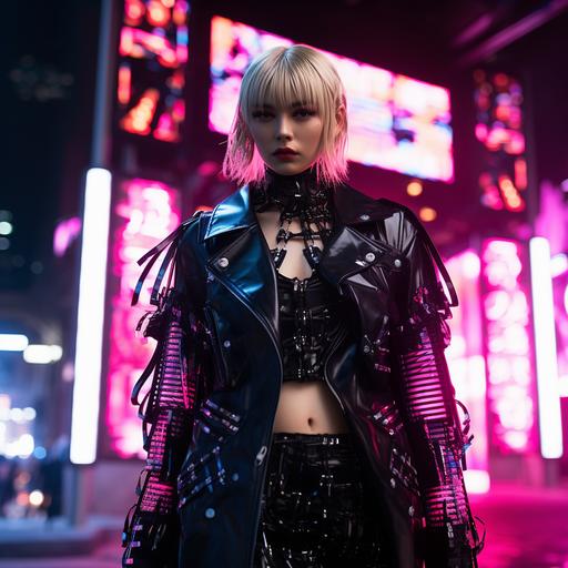 Imagine a photorealistic neon Neo Tokyo backdrop as the runway, with vibrant lights illuminating the space. The model showcases a series of avant-garde outfits, including elongated and androgynous silhouettes, chunky shoes, dark makeup, surreal elements, street goth and black metal serfwear, and glam goth. Each ensemble captures the essence of goth fashion reimagined for the future, blending elements of goth and high fashion seamlessly. As the model confidently struts down the neon-lit runway against the futuristic cityscape, the avant-garde fusion captivates the audience, leaving a lasting impression of innovation and creativity.