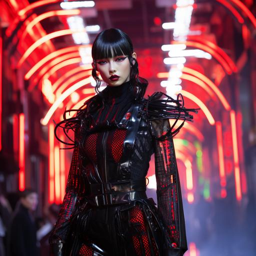 Imagine a photorealistic neon Neo Tokyo backdrop as the runway, with vibrant lights illuminating the space. The model showcases a series of avant-garde outfits, including elongated and androgynous silhouettes, chunky shoes, dark makeup, surreal elements, street goth and black metal serfwear, and glam goth. Each ensemble captures the essence of goth fashion reimagined for the future, blending elements of goth and high fashion seamlessly. As the model confidently struts down the neon-lit runway against the futuristic cityscape, the avant-garde fusion captivates the audience, leaving a lasting impression of innovation and creativity.