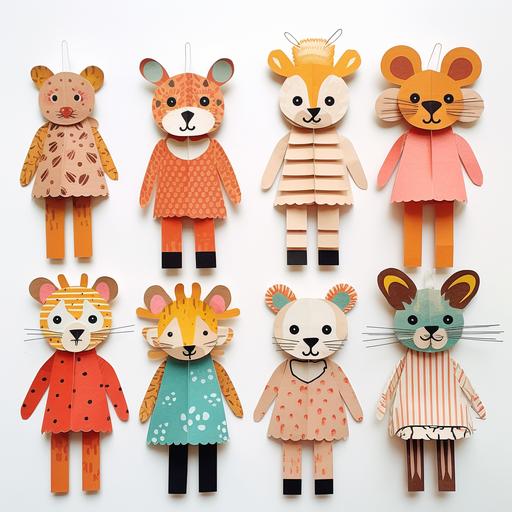 Animal dolls, colored paper, collage