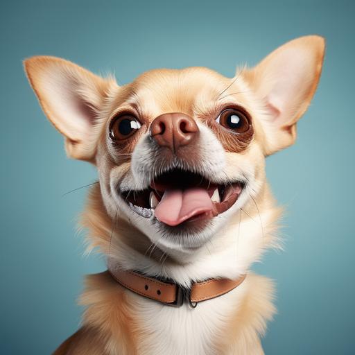 a close-up of the torso and face of a smiling chihuahua taken with canon eos rebel. solid color background