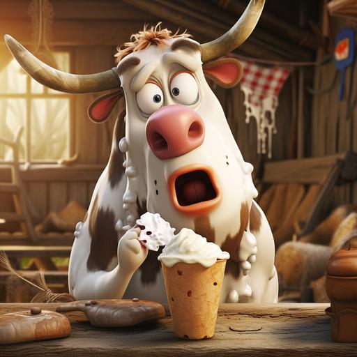 an cartoon cow having stomach issues after having ice cream