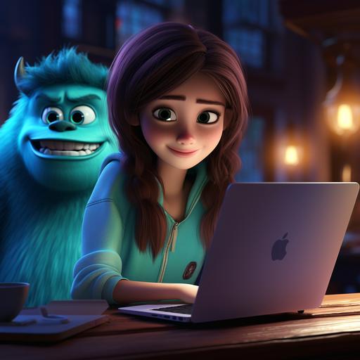 monsters inc brunette female with blue-green eyes working at a laptop