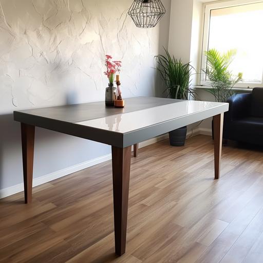 modern table, classic style, 4 legs flush with the top, white legs, 5 cm thick top made of laminated board, gray concrete, modern, bright room,
