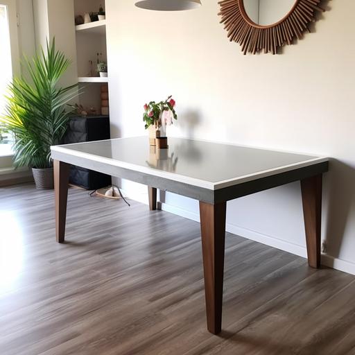 modern table, classic style, 4 legs flush with the top, white legs, 5 cm thick top made of laminated board, gray concrete, modern, bright room,