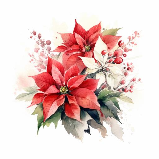 a small bouquet of poinsettia , white background, watercolor style