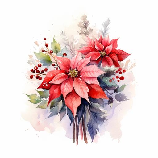 a small bouquet of poinsettia , white background, watercolor style