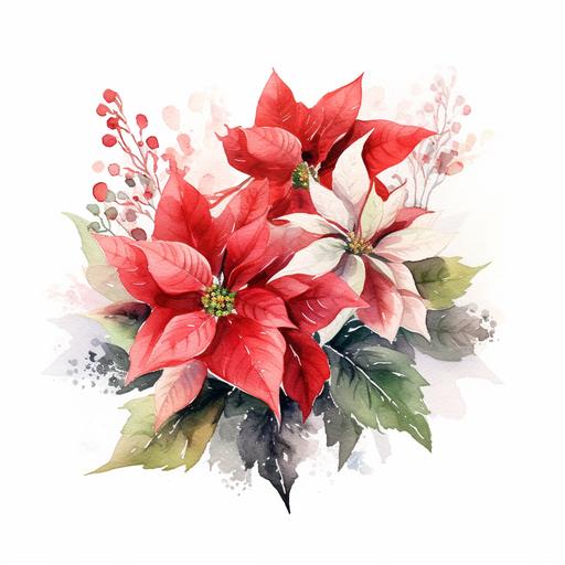 a small bouquet of poinsettia , white background, watercolor style