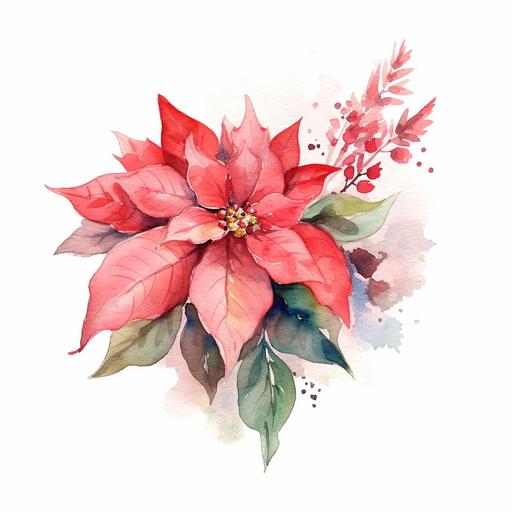 a small bouquet of poinsettia , white background, watercolor style