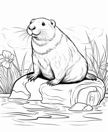 coloring page for kids, beaver, cartoon style, thick line, low detailm no shading --ar 9:11