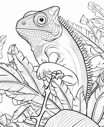 coloring page for kids, chameleon, cartoon style, thick line, low detailm no shading --ar 9:11