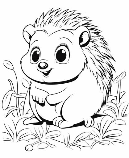 coloring page for kids, hedgehog, cartoon style, thick line, low detailm no shading --ar 9:11