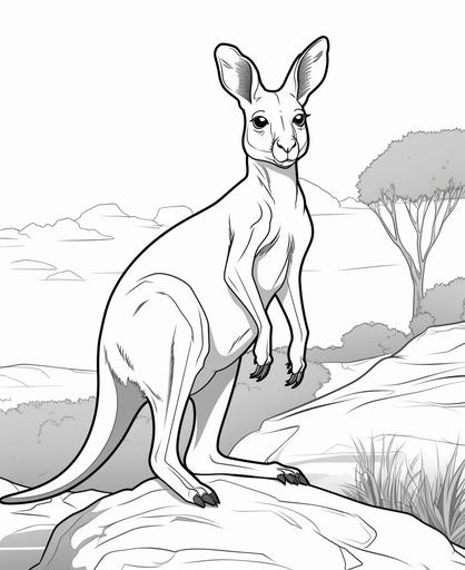 coloring page for kids, kangaroo, cartoon style, thick line, low detailm no shading --ar 9:11