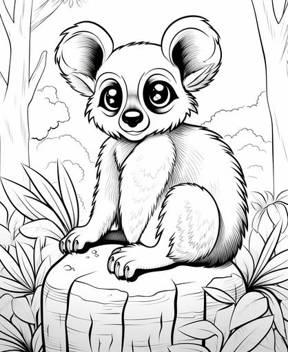 coloring page for kids, lemur, cartoon style, thick line, low detailm no shading --ar 9:11