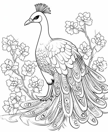 coloring page for kids, peacock, cartoon style, thick line, low detailm no shading --ar 9:11