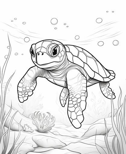 coloring page for kids, sea turtle, cartoon style, thick line, low detailm no shading --ar 9:11